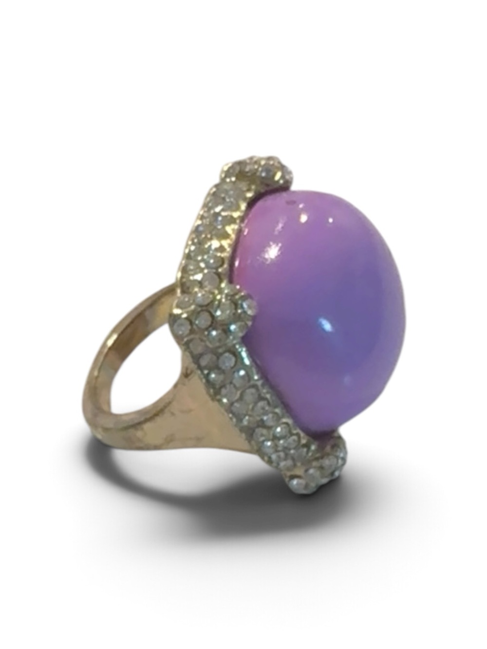 Gold-Tone Ring with Purple Cabochon and Crystal Halo